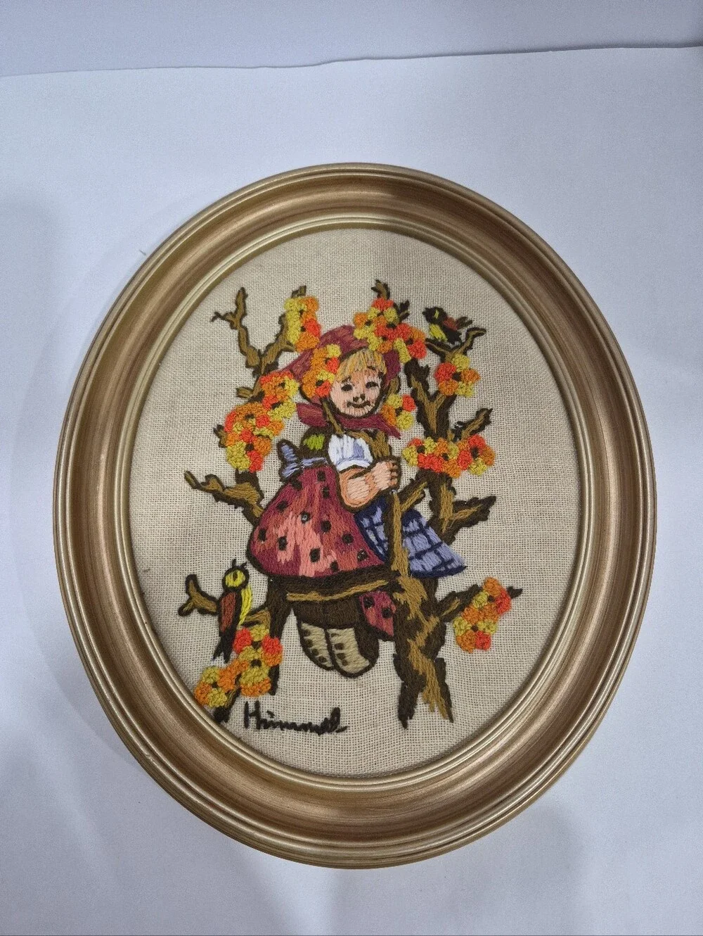 Vintage Crewel Embroidery Art Picture Oval Framed Lot Of 2 Textured & Detailed